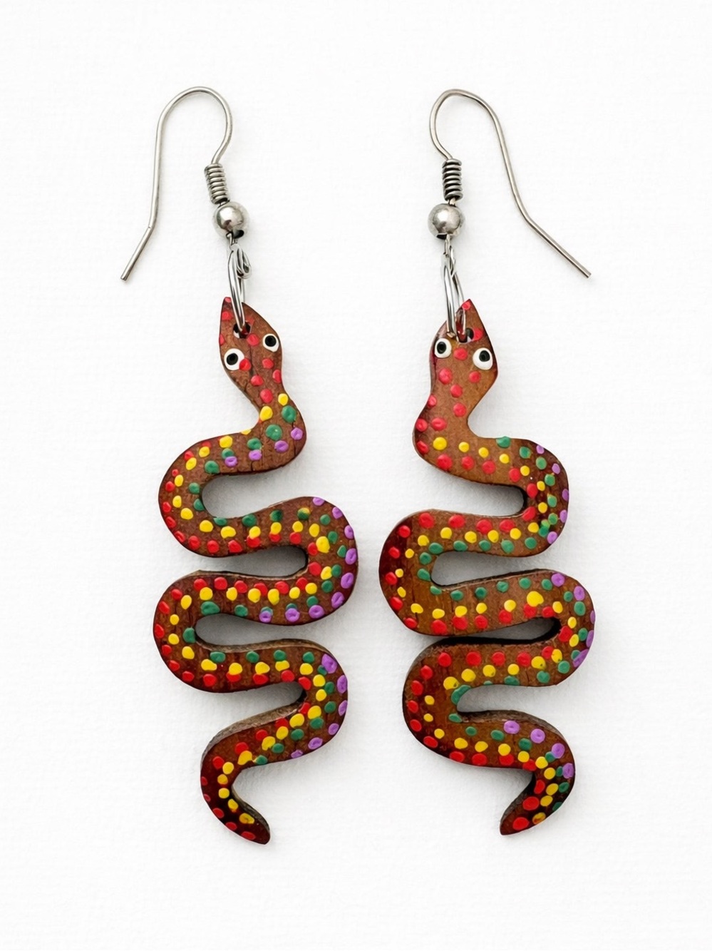Vintage Hand-Painted Red Snake Wooden Pierced Earrings with Multicolor Dots